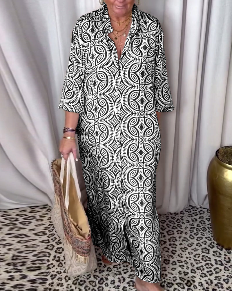 Arabella - Langes bedrucktes Vintage-Kleid mit Pattentasche