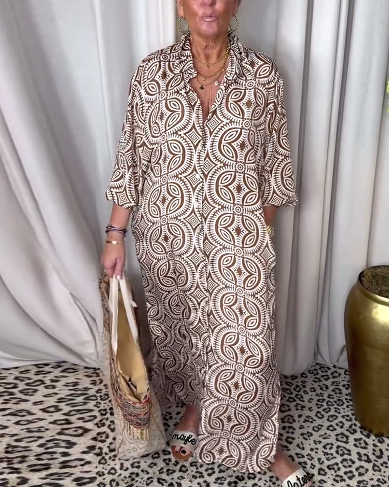 Arabella - Langes bedrucktes Vintage-Kleid mit Pattentasche