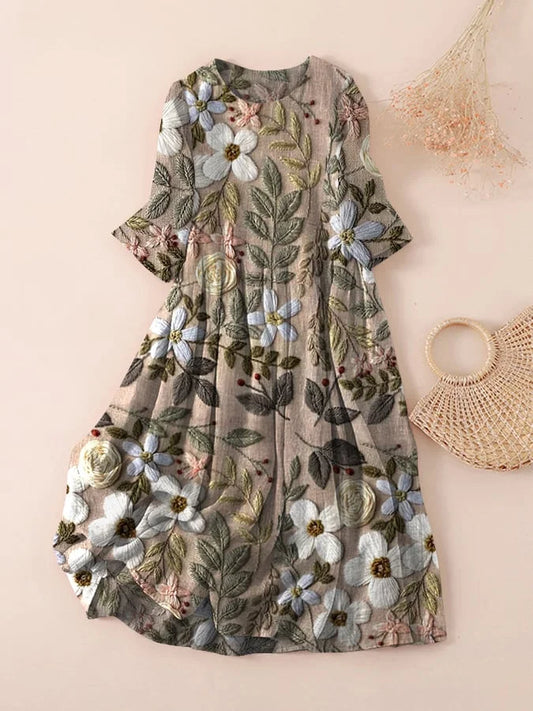 Arriel - Bedrucktes Kleid mit floraler Stickerei