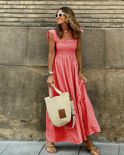 Azalea - Maxikleid mit Rüschenärmeln und Karo-Rüschen