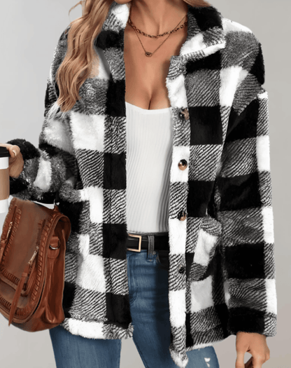 Teddy Fleece Plüsch Vollärmelige Karierte Damenjacke