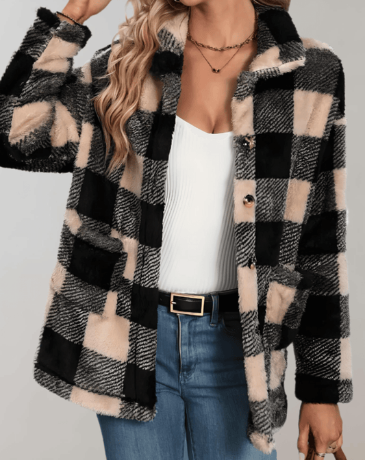 Teddy Fleece Plüsch Vollärmelige Karierte Damenjacke