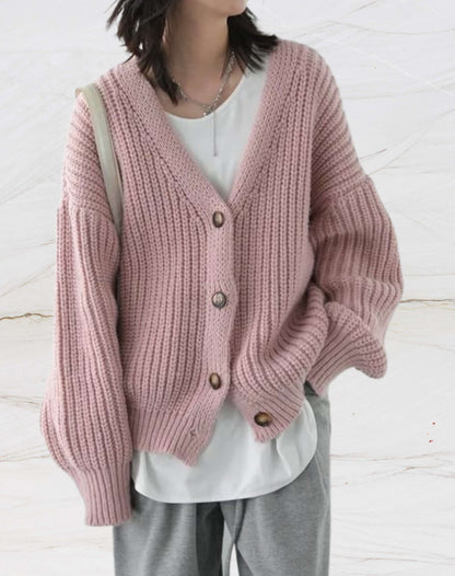 Heart - Oversize Strickpullover mit V-Ausschnitt und Knopfverschluss für den Winter für Frauen