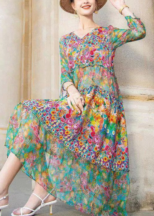 Lechina - Patchwork-Kleid mit buntem Druck und V-Ausschnitt