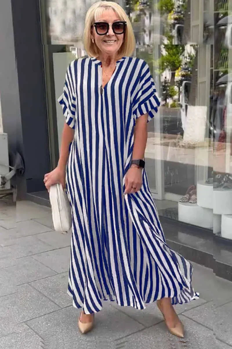 Bertha - kurzärmeliges Boho-Kleid mit gestreifter geschlitzter Weste