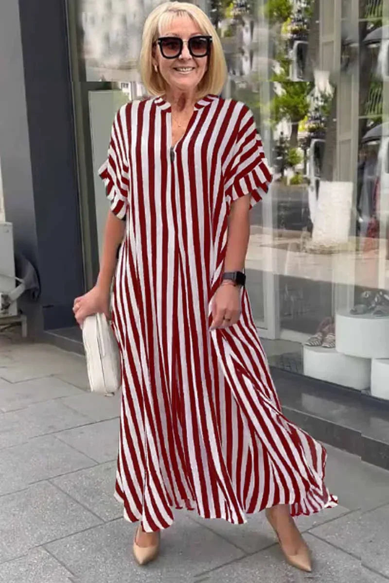 Bertha - kurzärmeliges Boho-Kleid mit gestreifter geschlitzter Weste