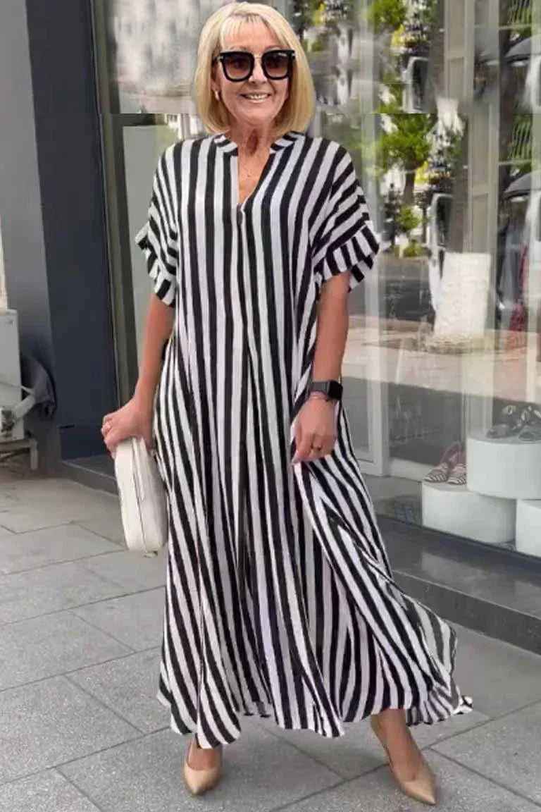 Bertha - kurzärmeliges Boho-Kleid mit gestreifter geschlitzter Weste