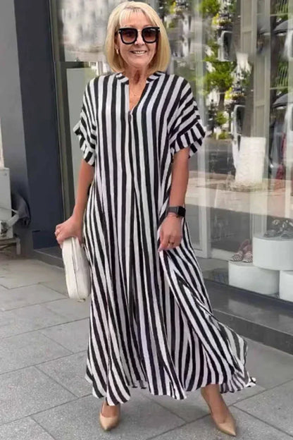 Bertha - kurzärmeliges Boho-Kleid mit gestreifter geschlitzter Weste