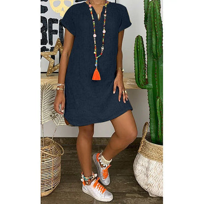 Bethany - Lässiges Kleid mit V-Ausschnitt aus einfarbigem Baumwollleinen