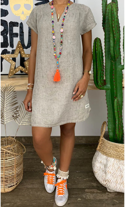 Bethany - Lässiges Kleid mit V-Ausschnitt aus einfarbigem Baumwollleinen