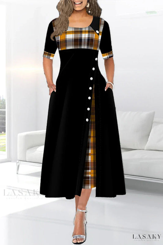 Devora - Schwarzes Patchwork-Kleid mit Taillenausschnitt und Rock im Vintage-Stil