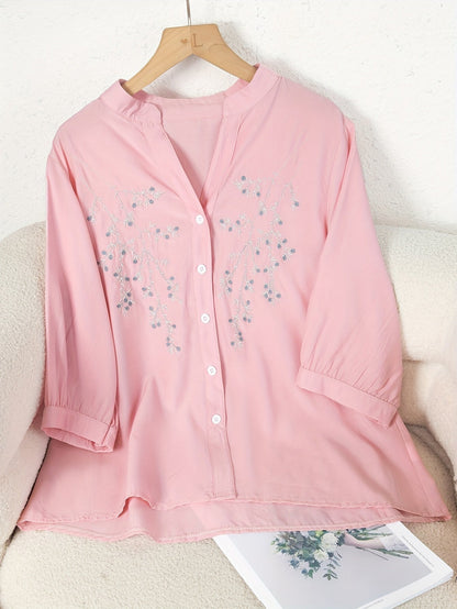 Bluse mit Blumenmuster - Knopfleiste und Stehkragen