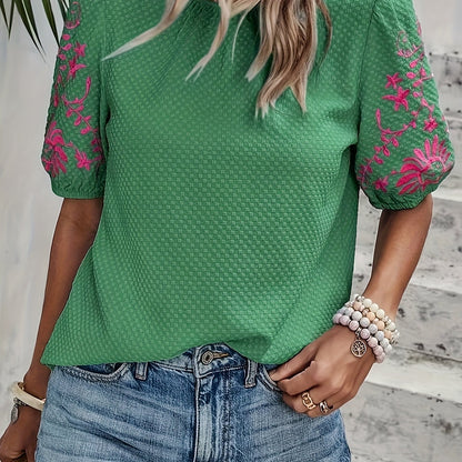 Bluse - Besticktes florales Muster & Atmungsactivees Material