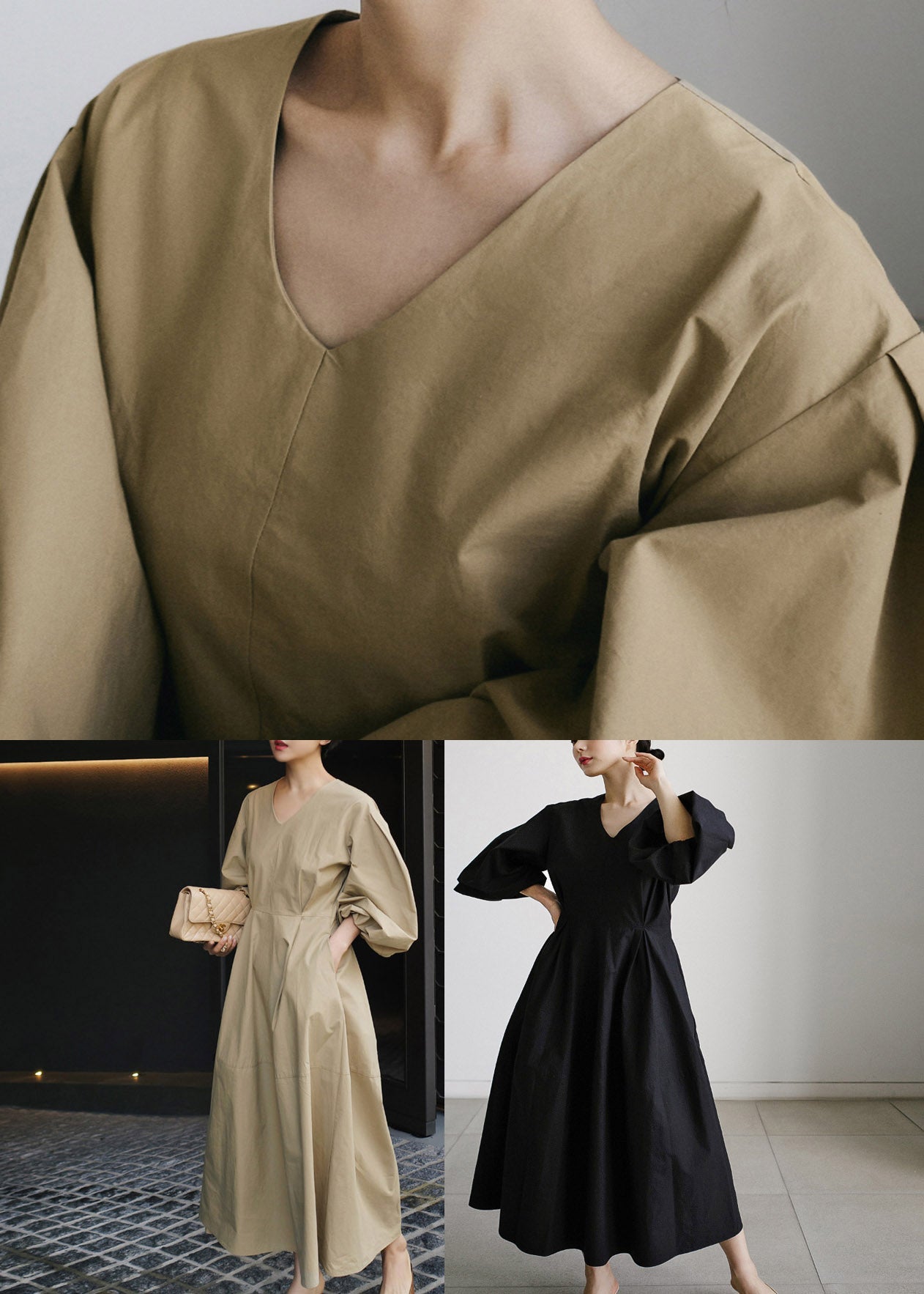 Moirella - Langärmeliges Patchwork-Kleid mit spitzem Ausschnitt