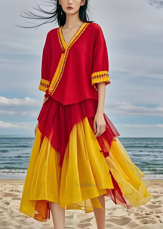 Billena - Asymmetrisches Patchwork-Chiffon-Boho-Kleid mit V-Ausschnitt