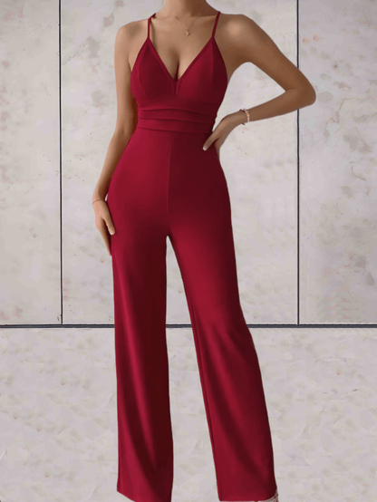 Camille - Eleganter und schicker Jumpsuit mit V-Ausschnitt, ärmellos, rückenfrei mit breiten Beinen