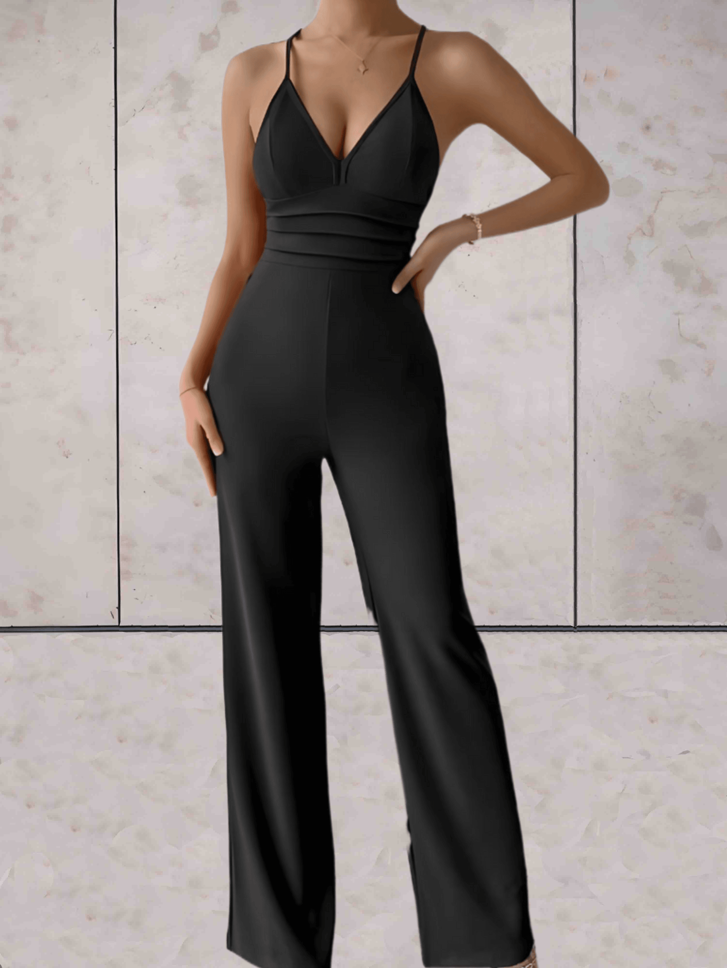 Camille - Eleganter und schicker Jumpsuit mit V-Ausschnitt, ärmellos, rückenfrei mit breiten Beinen