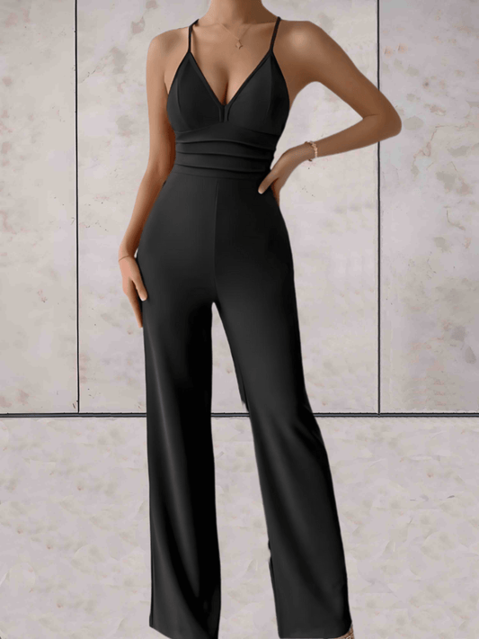 Camille - Eleganter und schicker Jumpsuit mit V-Ausschnitt, ärmellos, rückenfrei mit breiten Beinen