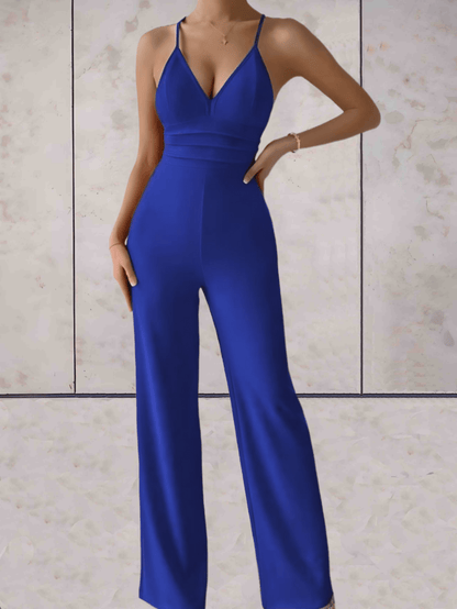 Camille - Eleganter und schicker Jumpsuit mit V-Ausschnitt, ärmellos, rückenfrei mit breiten Beinen