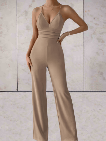 Camille - Eleganter und schicker Jumpsuit mit V-Ausschnitt, ärmellos, rückenfrei mit breiten Beinen