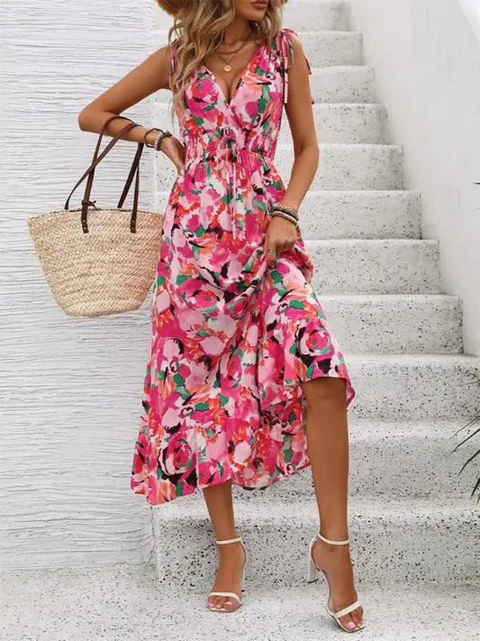 Briella - Bedrucktes ärmelloses Kleid mit Gürtel und V-Ausschnitt