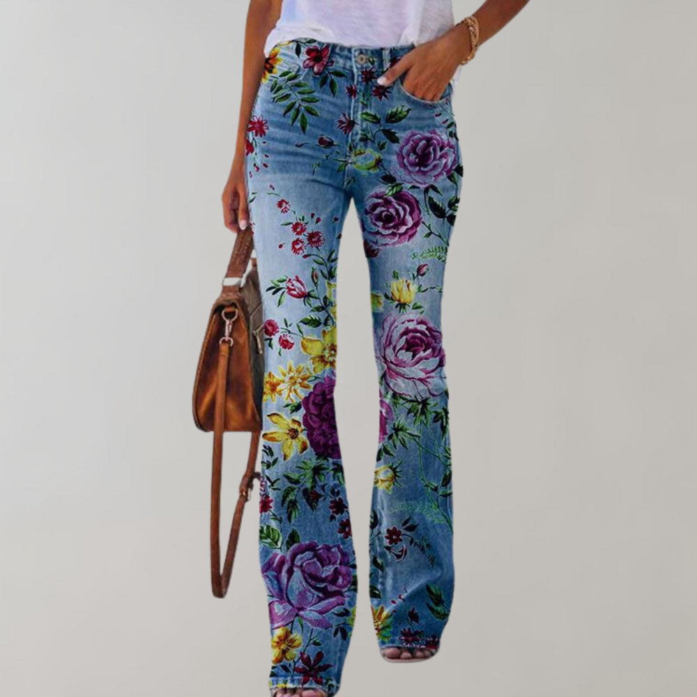 Lily | Flared Jeans mit Blumenmuster | Retro-Charme | Bequeme Mischung