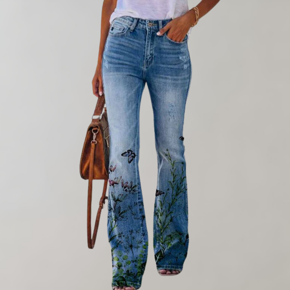 Lily | Flared Jeans mit Blumenmuster | Retro-Charme | Bequeme Mischung