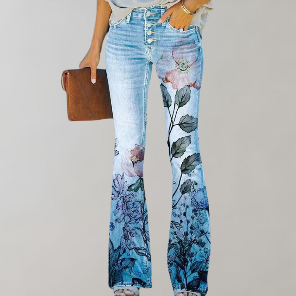 Lily | Flared Jeans mit Blumenmuster | Retro-Charme | Bequeme Mischung