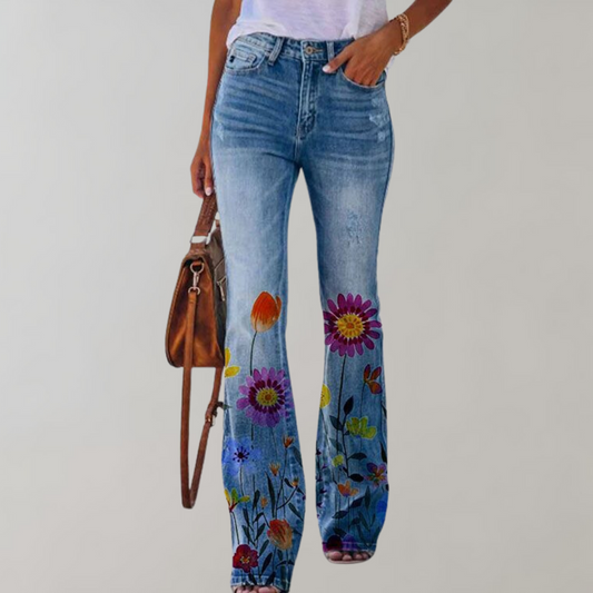 Lily | Flared Jeans mit Blumenmuster | Retro-Charme | Bequeme Mischung
