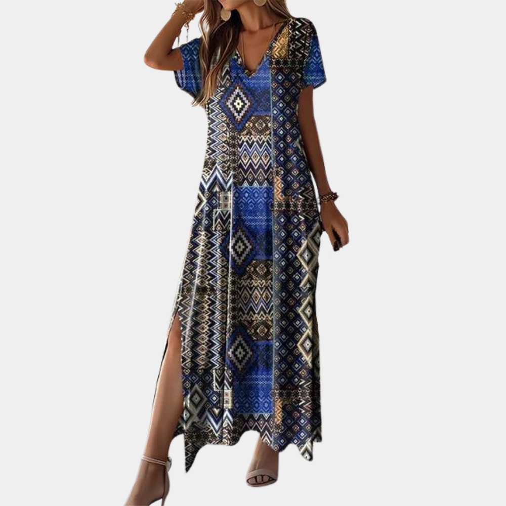 Lässiges langes Kleid mit V-Ausschnitt für Frauen