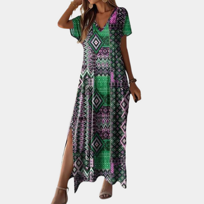 Lässiges langes Kleid mit V-Ausschnitt für Frauen