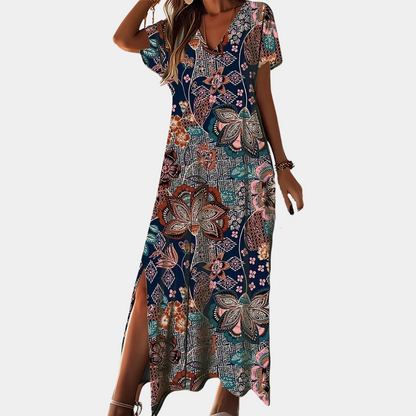 Lässiges langes Kleid mit V-Ausschnitt für Frauen