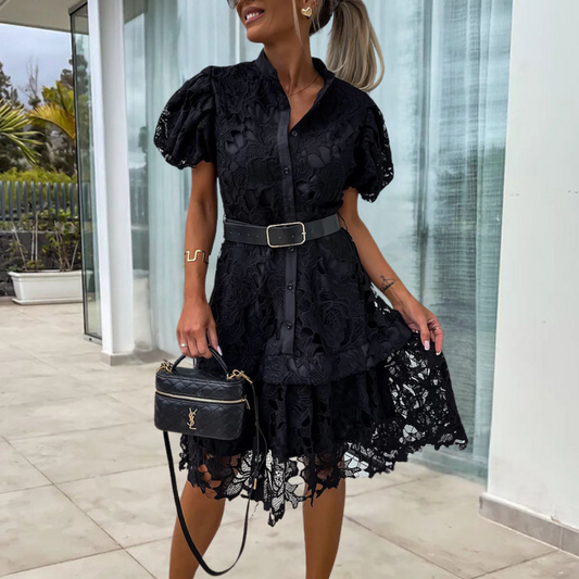 Sidra - Damen-Spitzenkleid mit Puffärmeln und Gürtel