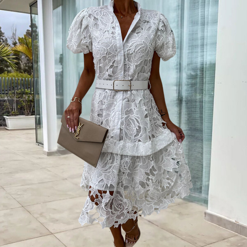 Sidra - Damen-Spitzenkleid mit Puffärmeln und Gürtel