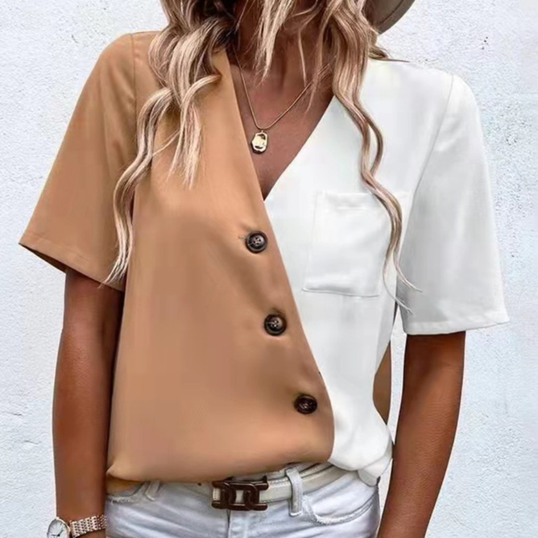 Lara - Damenbluse mit schickem V-Ausschnitt, Knopfleiste und zweifarbiger Eleganz
