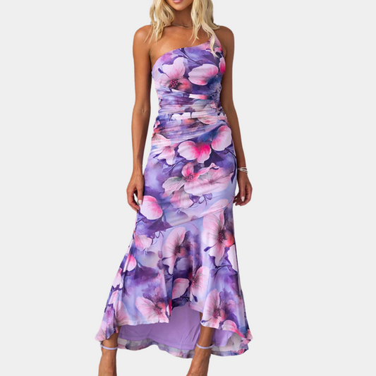 Nadija - Verziertes langes Kleid mit asymmetrischer Schulter