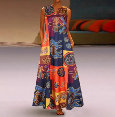 Charlote -V-Ausschnitt ärmelloses Sommerkleid mit Retro-Print