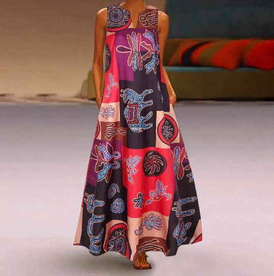 Charlote -V-Ausschnitt ärmelloses Sommerkleid mit Retro-Print