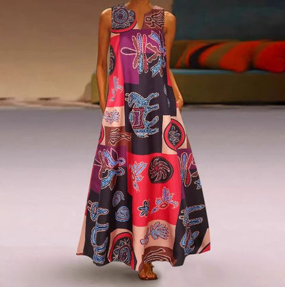 Charlote -V-Ausschnitt ärmelloses Sommerkleid mit Retro-Print