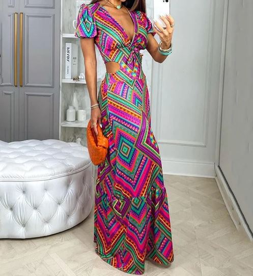 Cleopatra - V-Ausschnitt Kurze Puffärmel Langes Kleid mit offener Taille