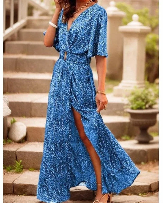 Carrie - Elegantes Maxikleid mit V-Ausschnitt, kurzen Ärmeln und schönem Blumendruck