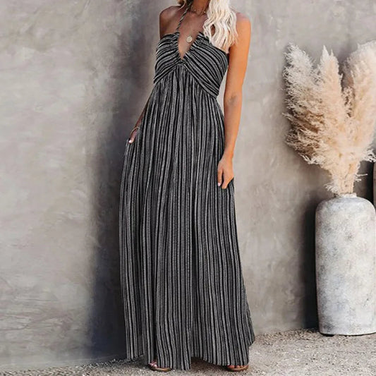 Gestreiftes Maxikleid im A-Linien-Schnitt mit tiefem Ausschnitt und Schleife am Rücken