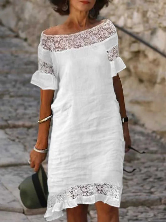 Lässiges Baumwoll-Cordkleid mit Dreiviertel-Ärmeln und Spitze