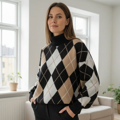 Catherine | Eleganter Damenpullover mit geometrischem Muster und Stehkragen