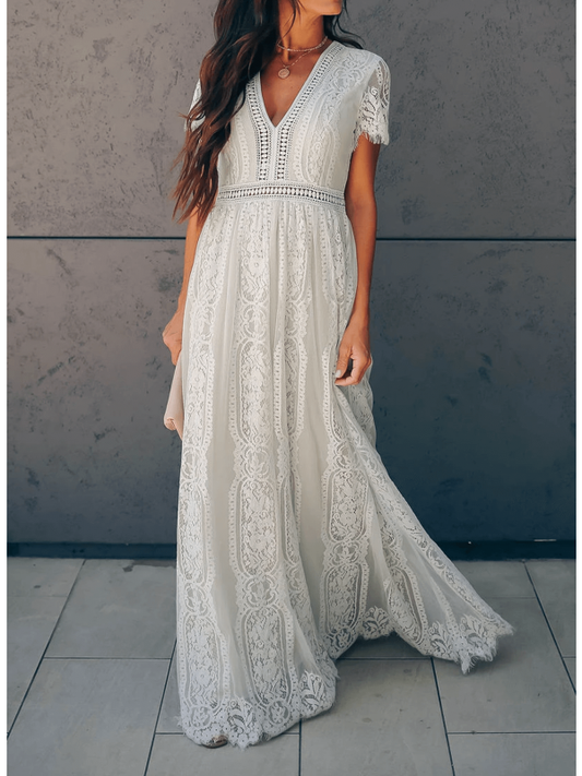 Celestia - Kurzärmeliges Maxikleid mit V-Ausschnitt und Spitze