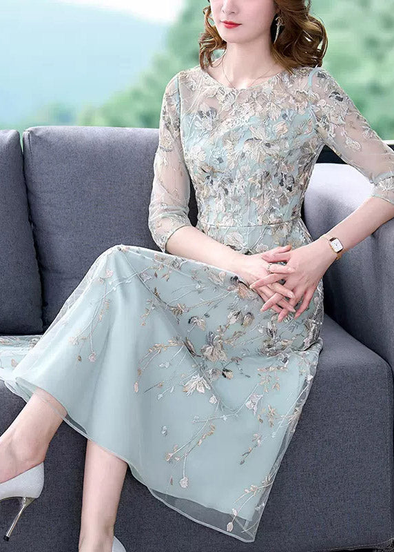 Tanata - Bestickte Blumentunika mit O-Ausschnitt und langes halbärmeliges Kleid