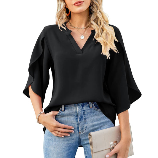 Top aus Chiffon-Mischung - Blütenblatt-Ärmel & atmungsactivees Design