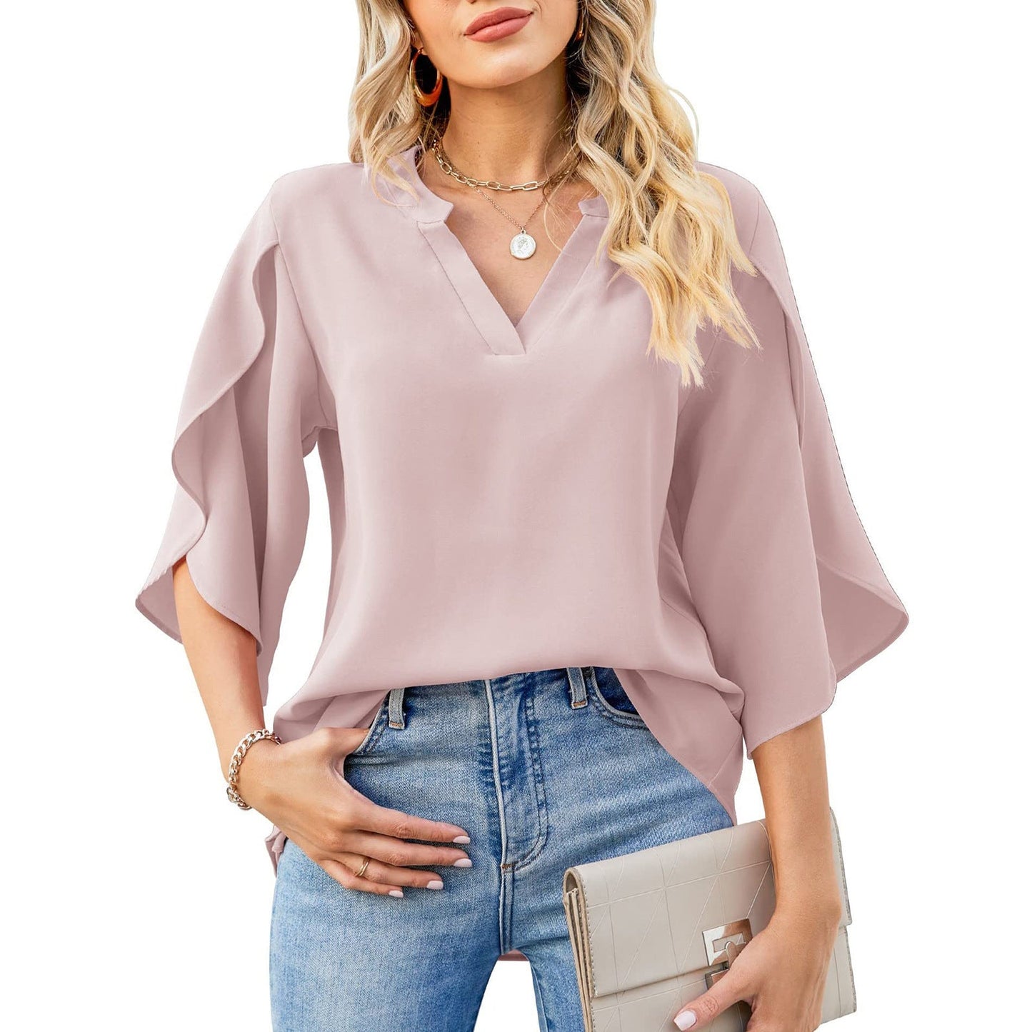 Top aus Chiffon-Mischung - Blütenblatt-Ärmel & atmungsactivees Design