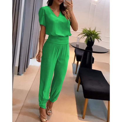 Damenset - Chic - Bluse mit V-Ausschnitt und elastische Hose - Ideal für jeden Tag