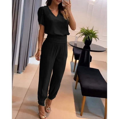 Damenset - Chic - Bluse mit V-Ausschnitt und elastische Hose - Ideal für jeden Tag